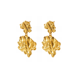 Pair of akye and rocket gold leaf-shaped earrings on a white background