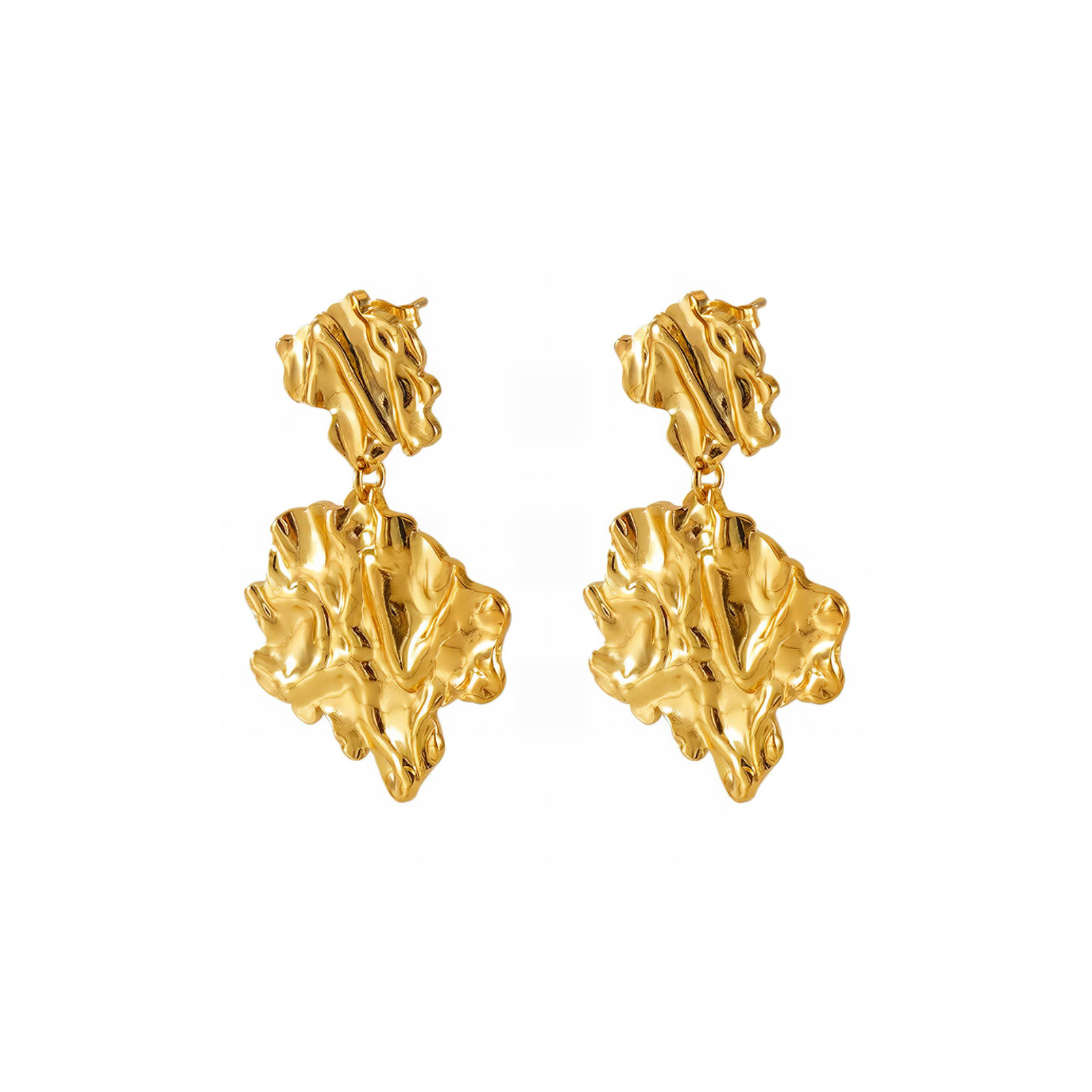 Pair of akye and rocket gold leaf-shaped earrings on a white background