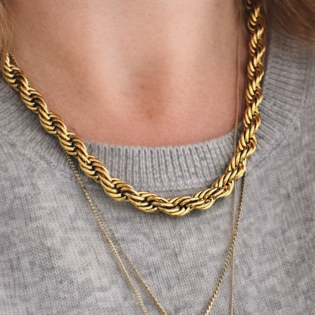 Skye and Rocket Isabella thick gold rope chain necklace on a person wearing a gray sweater